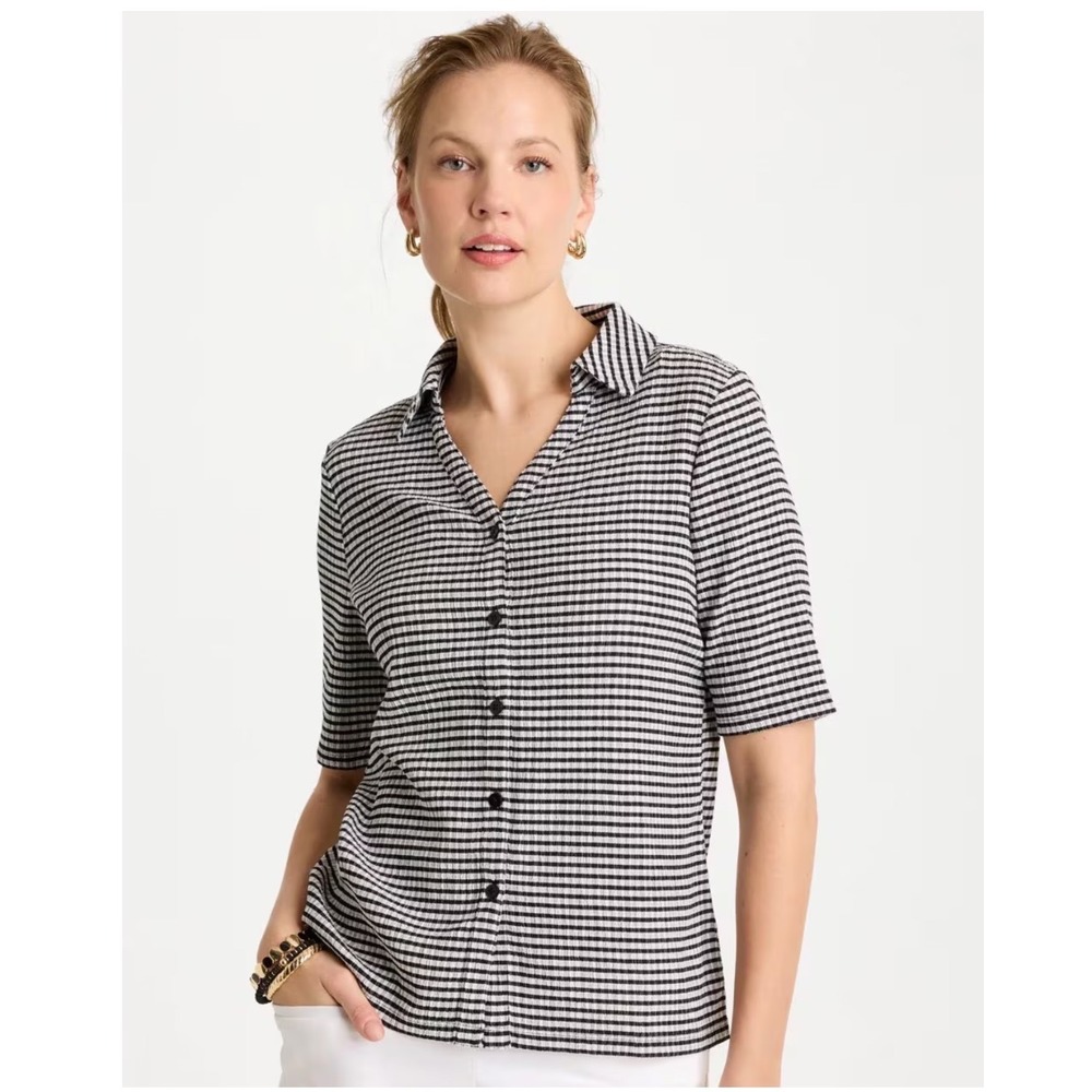 Chicos gingham camp button front shirt womens 4/ XXL seersucker S/S NWT New